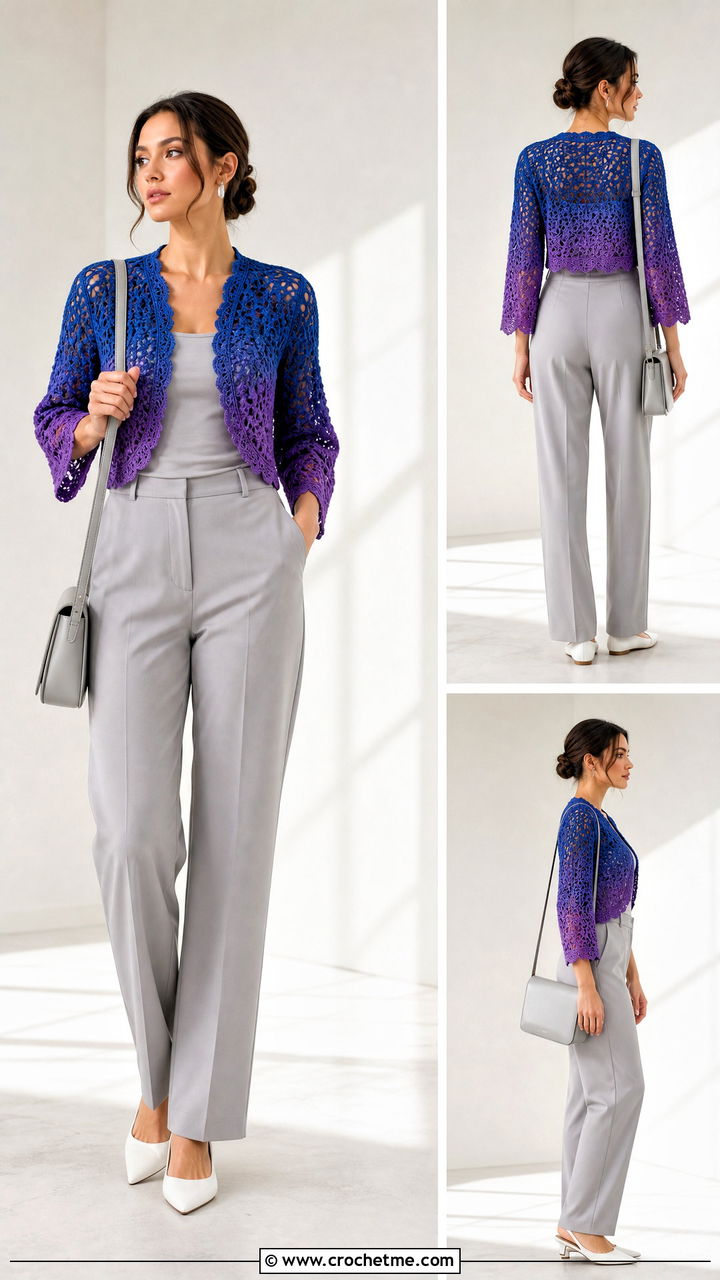 Ombre Crochet Bolero With Monochrome Outfit - 35 crochet bolero outfit ideas