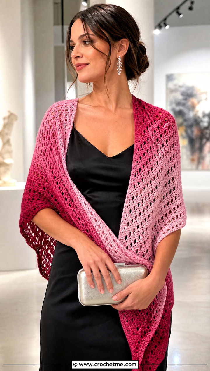 Ombre Crochet Boomerang Scarf With Satin Slip Dress - 15 Crochet Boomerang Scarf outfit ideas