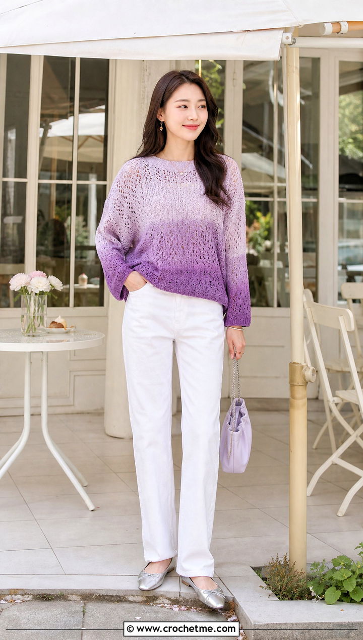 Ombre Crochet Boyfriend Sweater With White Jeans - 30 crochet boyfriend sweater outfit ideas