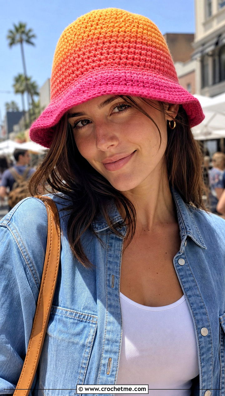 Ombre Crochet Bucket Hat With Denim On Denim Outfit - 30 easy crochet bucket hat outfit ideas