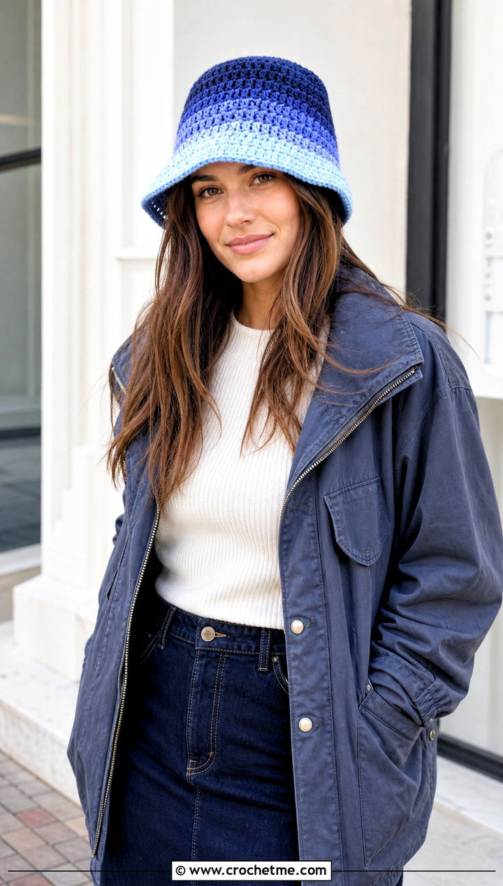 Ombre Crochet Bucket Hat With Denim Skirt - 25 Crochet Bucket Hat Design Ideas