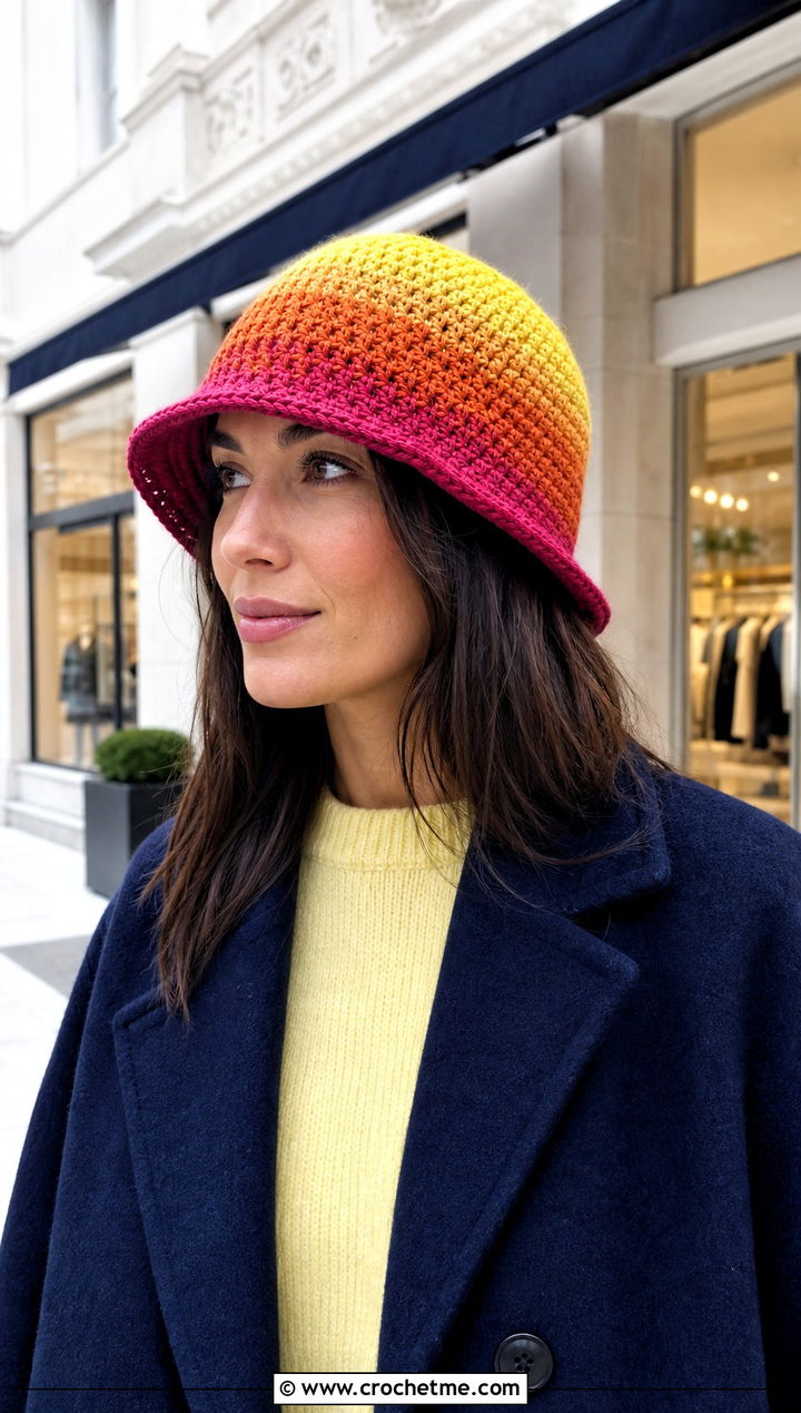Ombre Crochet Bucket Hat With Gradient Knitwear - 35 crochet winter bucket hat outfit ideas