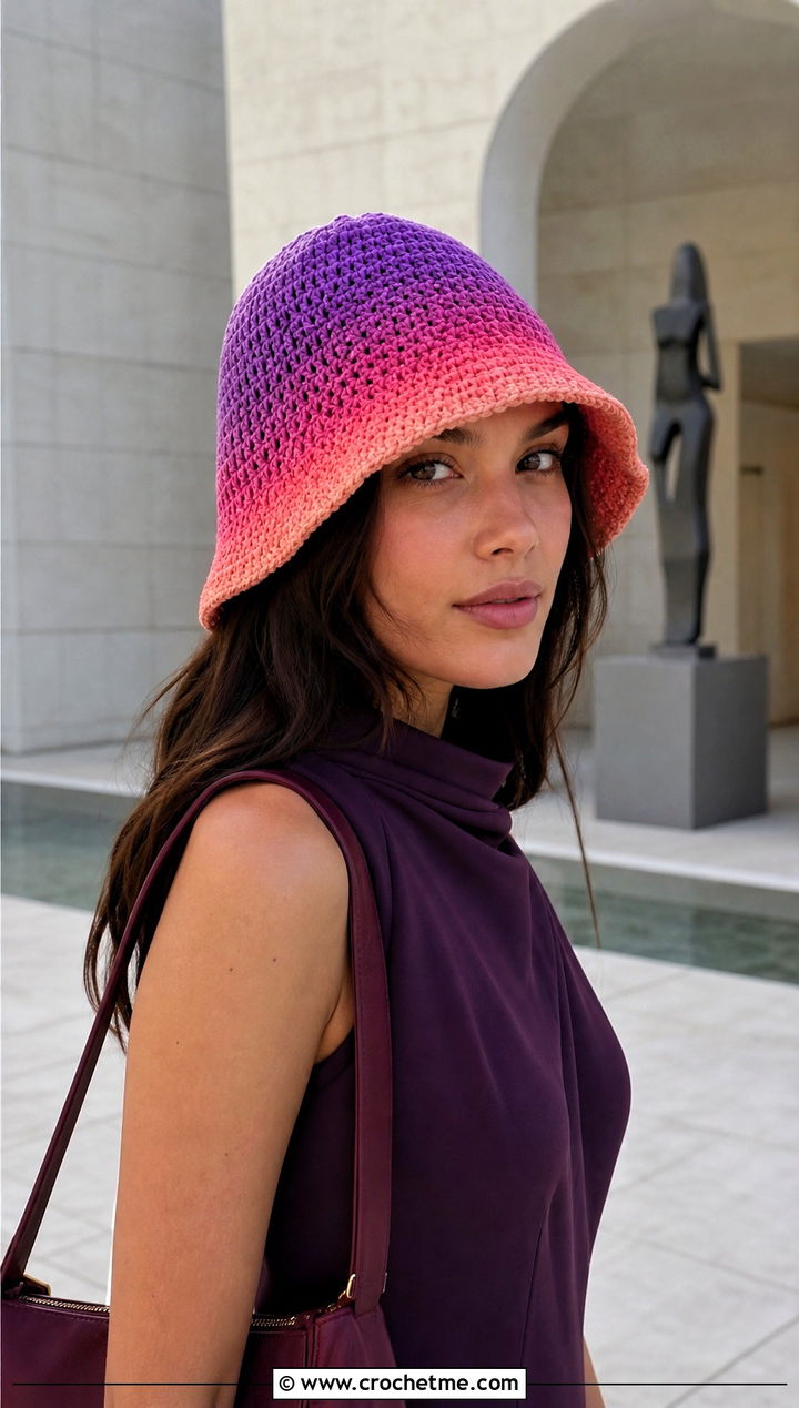 Ombre Crochet Bucket Hat With Monochrome Midi Dress - 25 Crochet Bucket Hat For Women outfit ideas