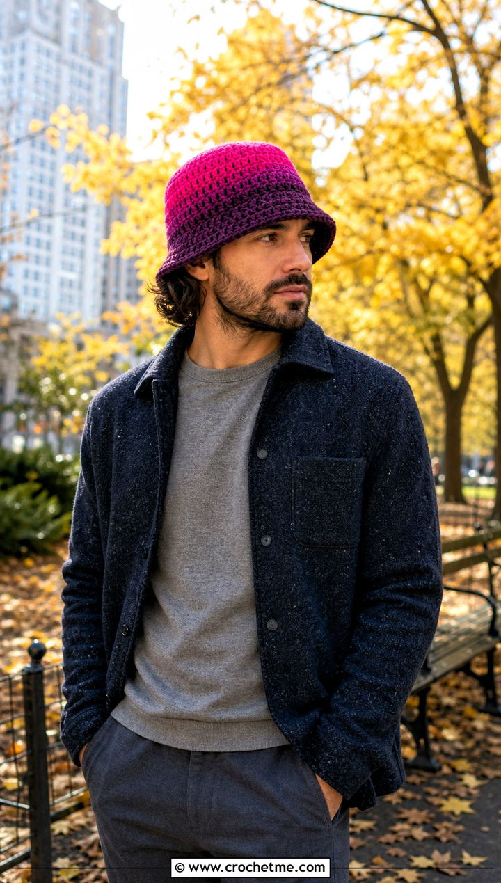 Ombre Crochet Bucket Hat With Shacket And Tonal Pants - 30 crochet bucket hat men outfit ideas