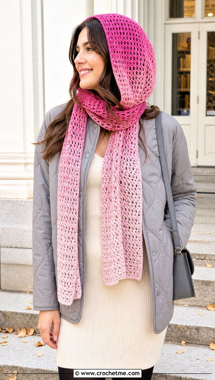 Ombre Crochet Cap Scarf With Quilted Jacket - 25 Crochet Cap Scarf outfit ideas
