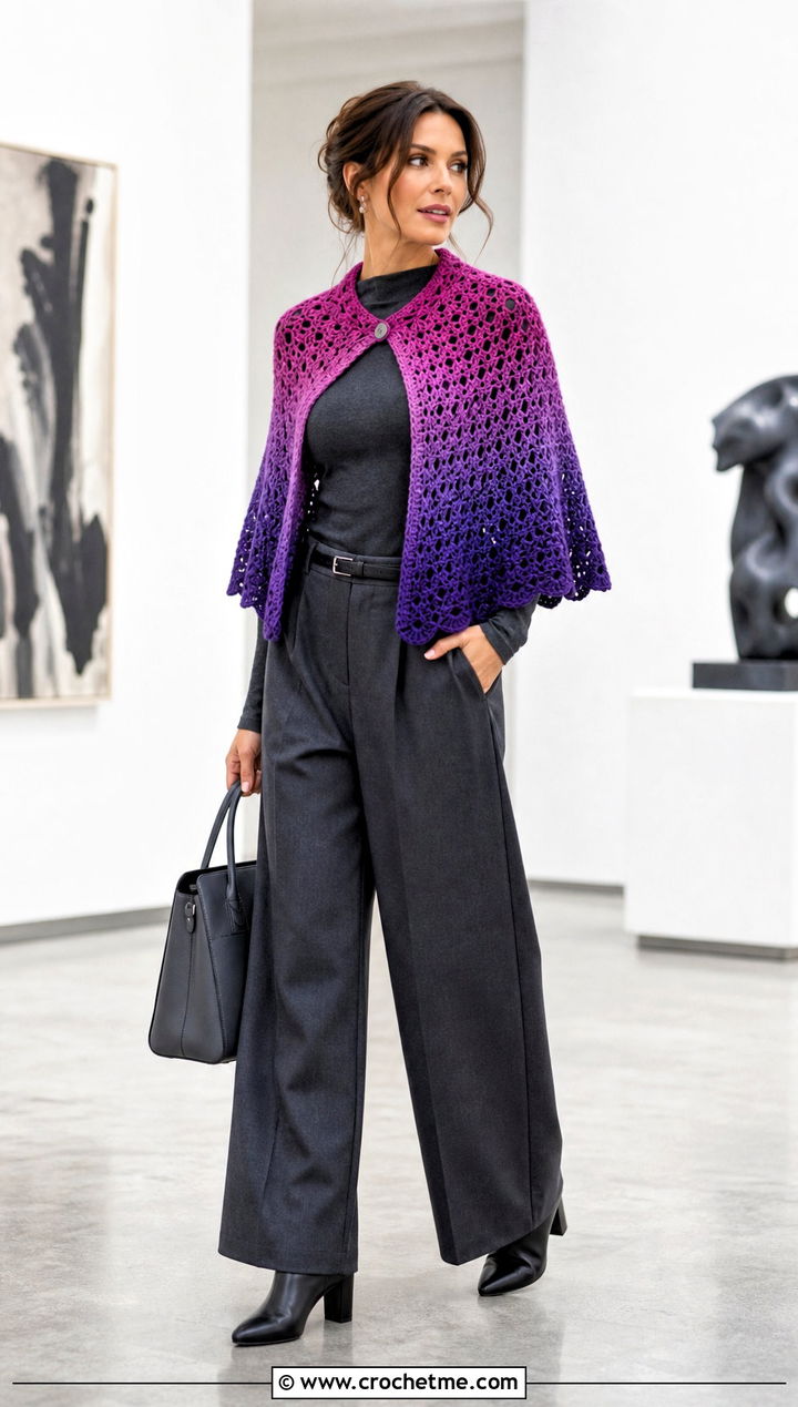 Ombre Crochet Capelet Shawl With Monochrome Outfit - 30 crochet caplet shawl outfit ideas