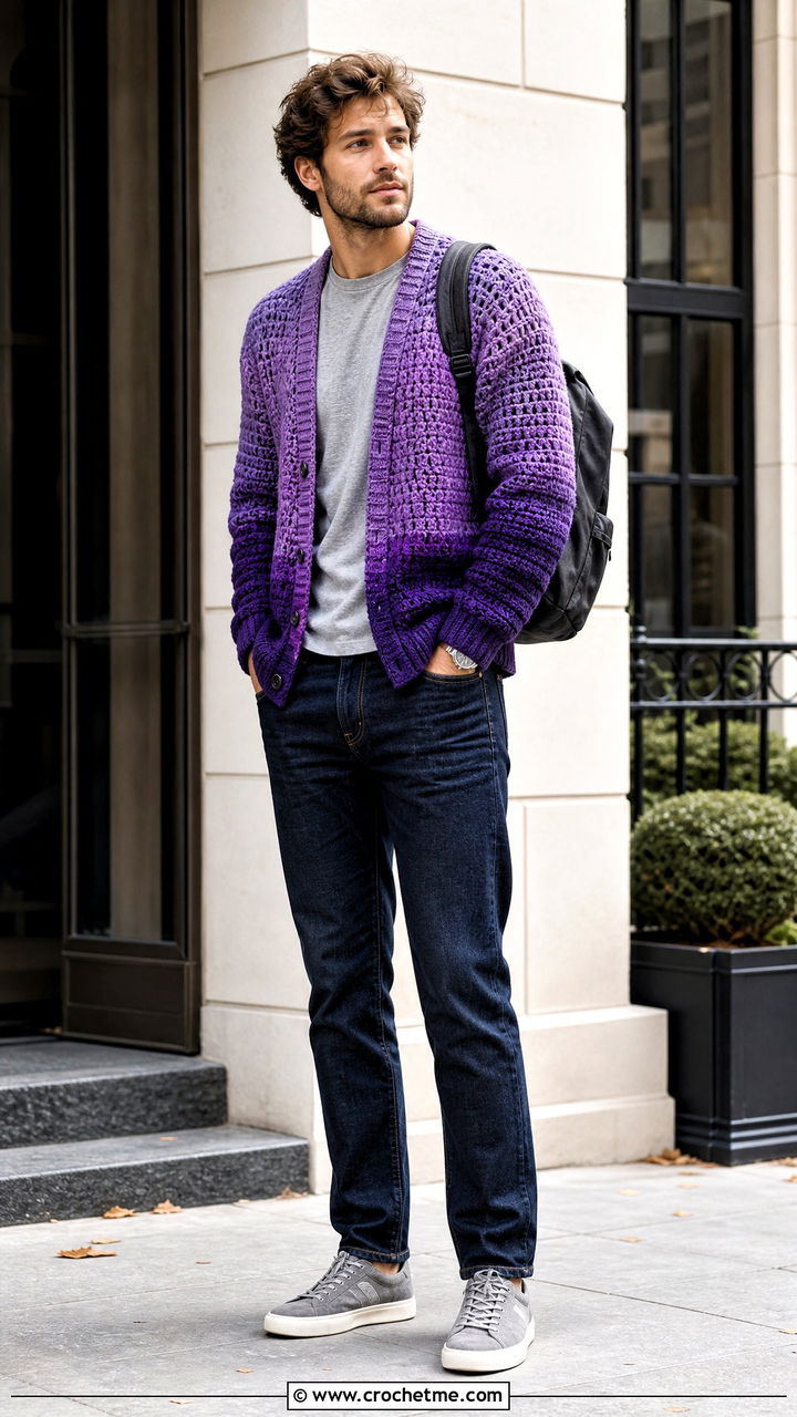 Ombre Crochet Cardigan With Dark Wash Jeans - 35 crochet cardigan men outfit ideas