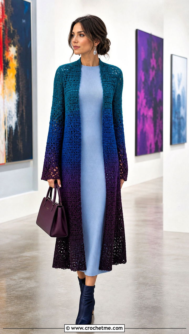Ombre Crochet Cardigan With Knit Midi Dress - 30 long crochet cardigan outfit ideas
