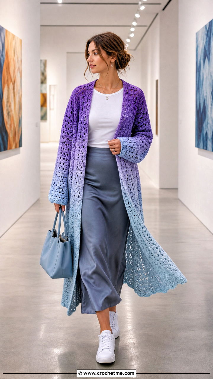 Ombre Crochet Cardigan With Slip Skirt - 35 oversized crochet cardigan outfit ideas