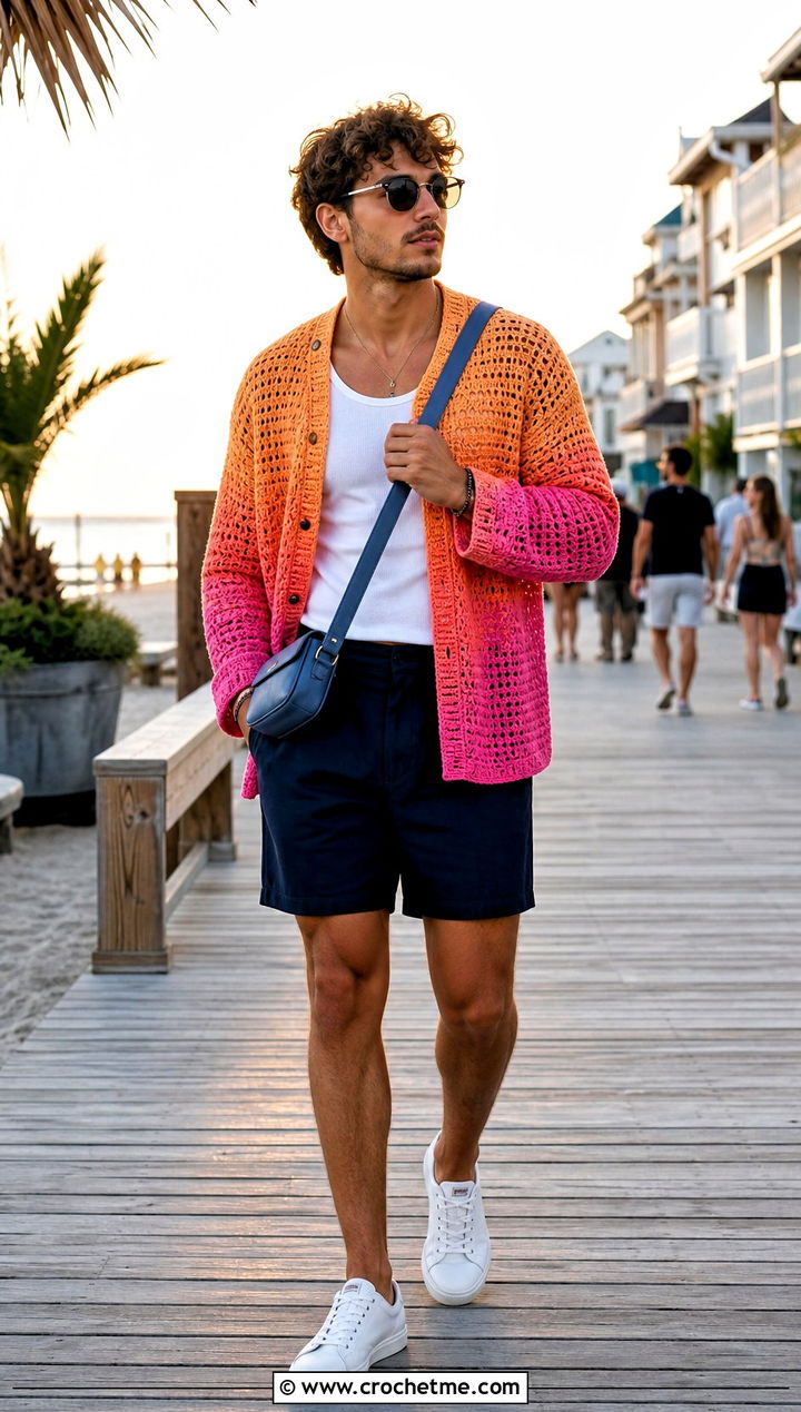 Ombre Crochet Cardigan With Summer Shorts - 35 mens crochet cardigan outfit ideas
