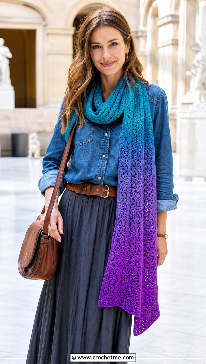 Ombre Crochet Cashmere Scarf With Denim Shirt And Maxi Skirt - 25 crochet cashmere scarf outfit ideas