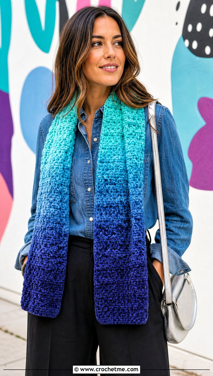 Ombre Crochet Chenille Scarf With Denim Shirt - 25 crochet chenille scarf outfit ideas