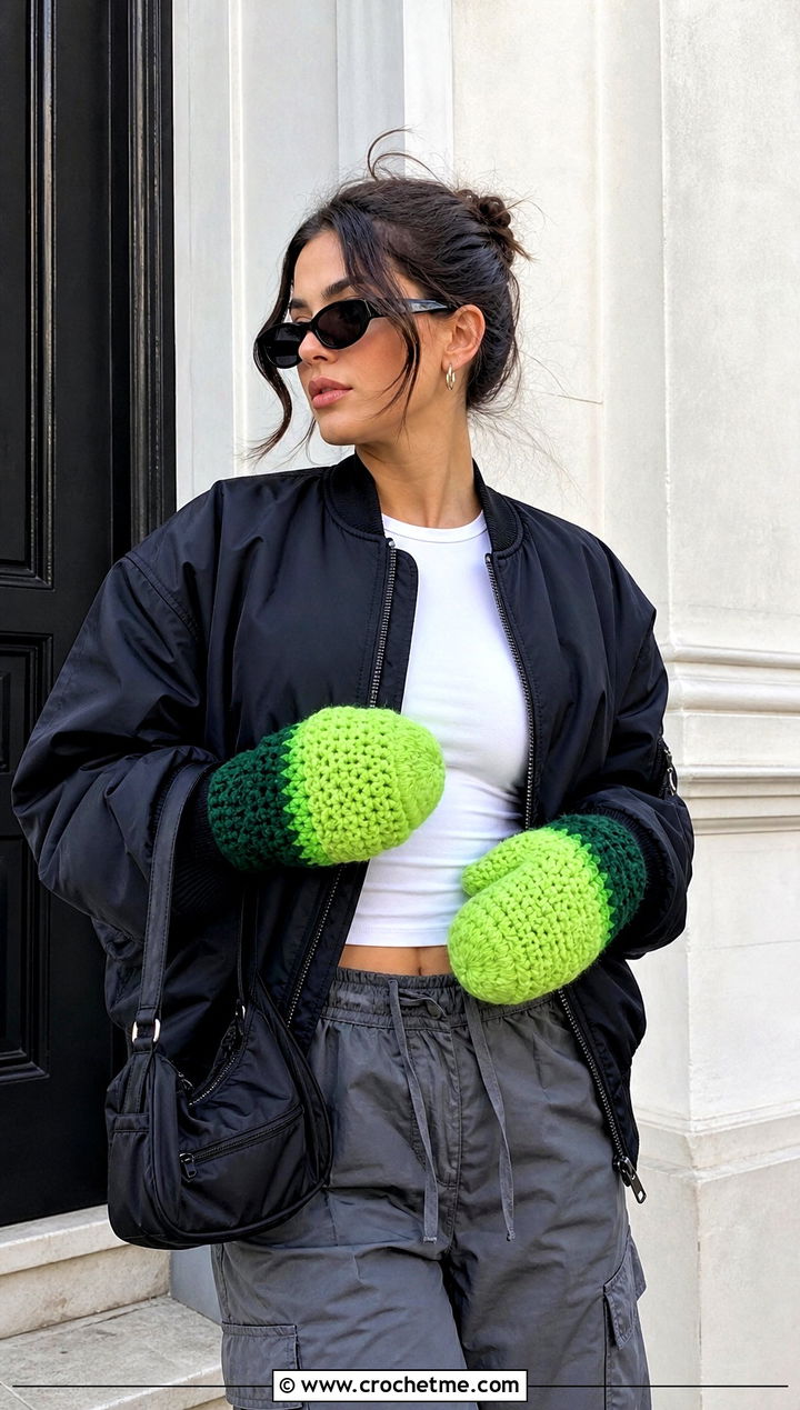 Ombre Crochet Chunky Mittens With Bomber Jacket - 30 crochet chunky mittens outfit ideas