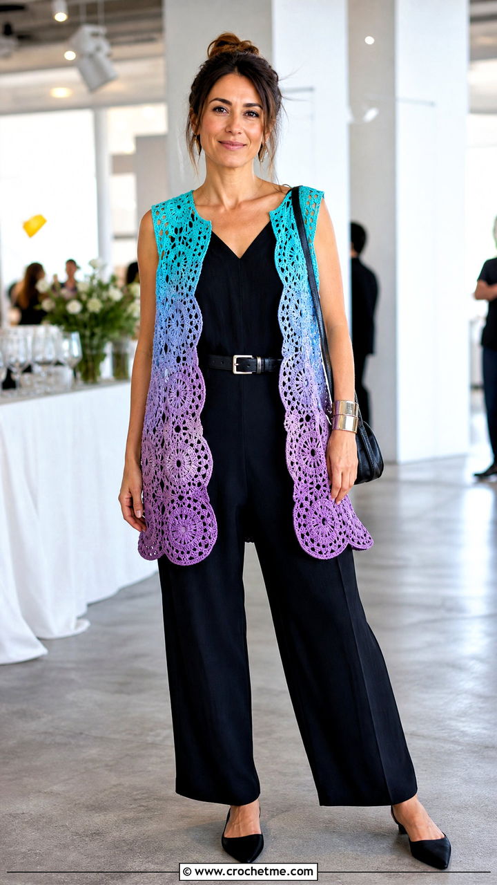 Ombre Crochet Circle Vest With Black Jumpsuit - 35 crochet circle vest outfit ideas