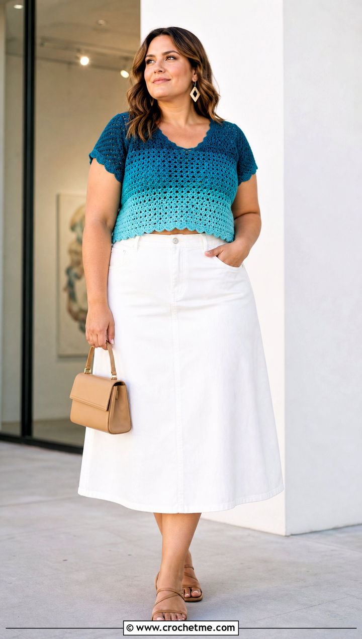 Ombre Crochet Cleo Top With White Denim Skirt - 30 crochet cleo top outfit ideas