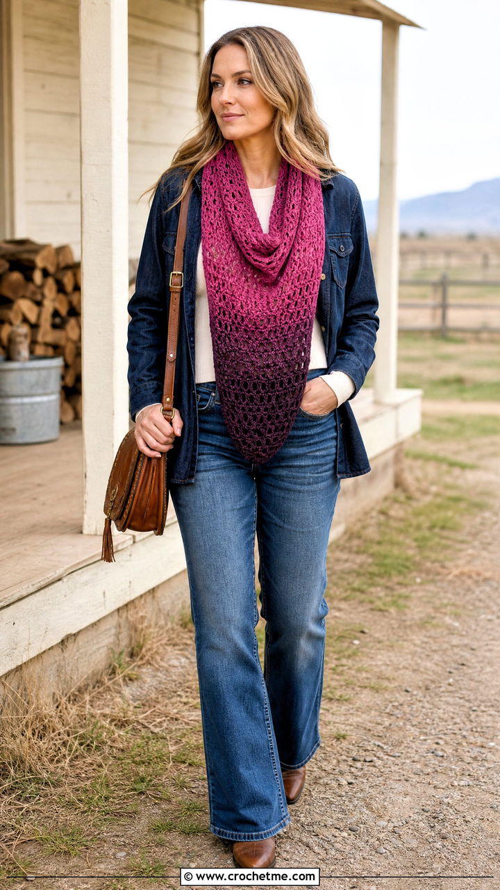 Ombre Crochet Cowl Neck Warmer With Western Denim Outfit - 35 crochet cowl neck warmer outfit ideas