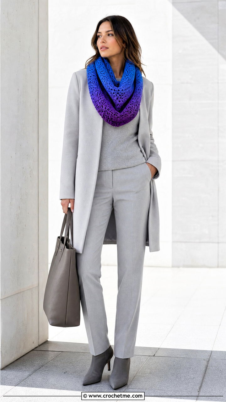 Ombre Crochet Cowl Scarf With Minimalist Coat - 35 crochet cowell scarf outfit ideas