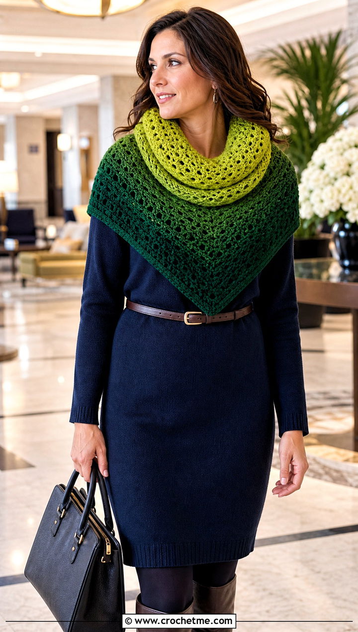 Ombre Crochet Cowl Shawl With Sweater Dress - 20 crochet cowl shawl outfit ideas