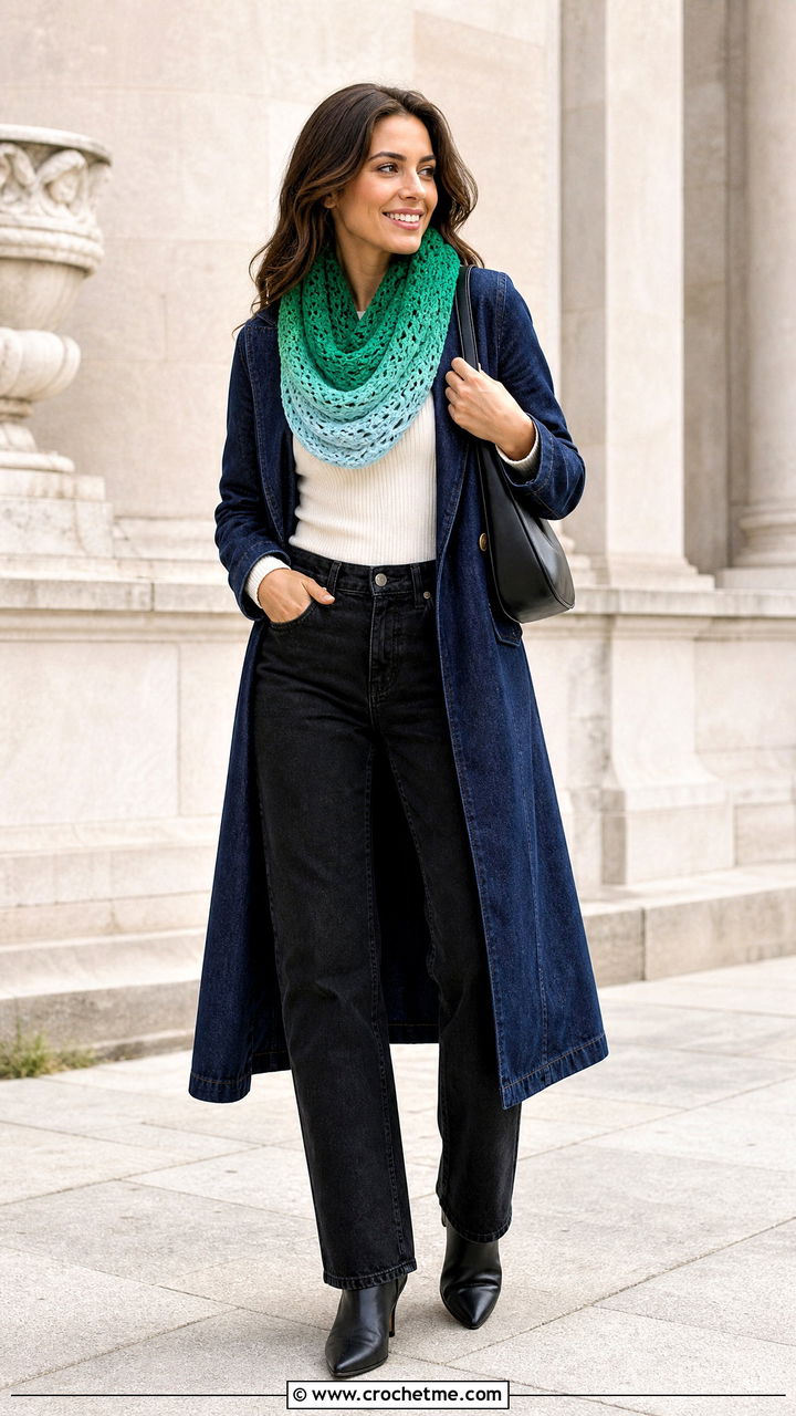 Ombre Crochet Cowl With Long Denim Coat - 35 crochet cowl outfit ideas