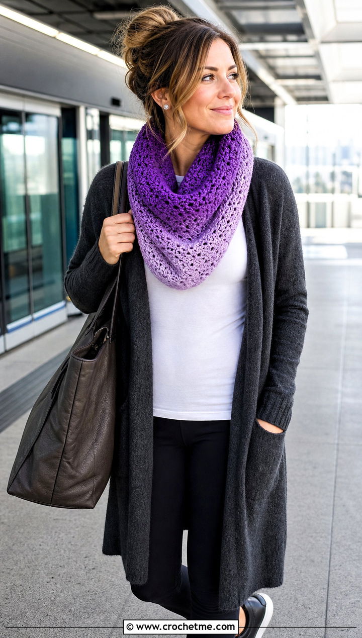 Ombre Crochet Cowl With Longline Cardigan - 25 cowl crochet scarf outfit ideas