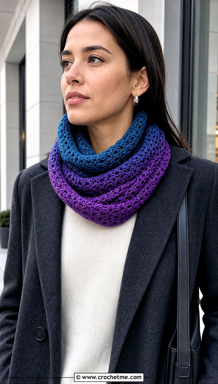Ombre Crochet Cowl With Minimalist Coat Outfit - 15 1 Skein Crochet Cowl outfit ideas
