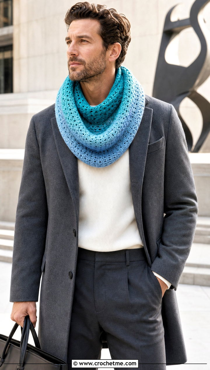 Ombre Crochet Cowl With Minimalist Coat - 25 Men Crochet Cowl outfit ideas