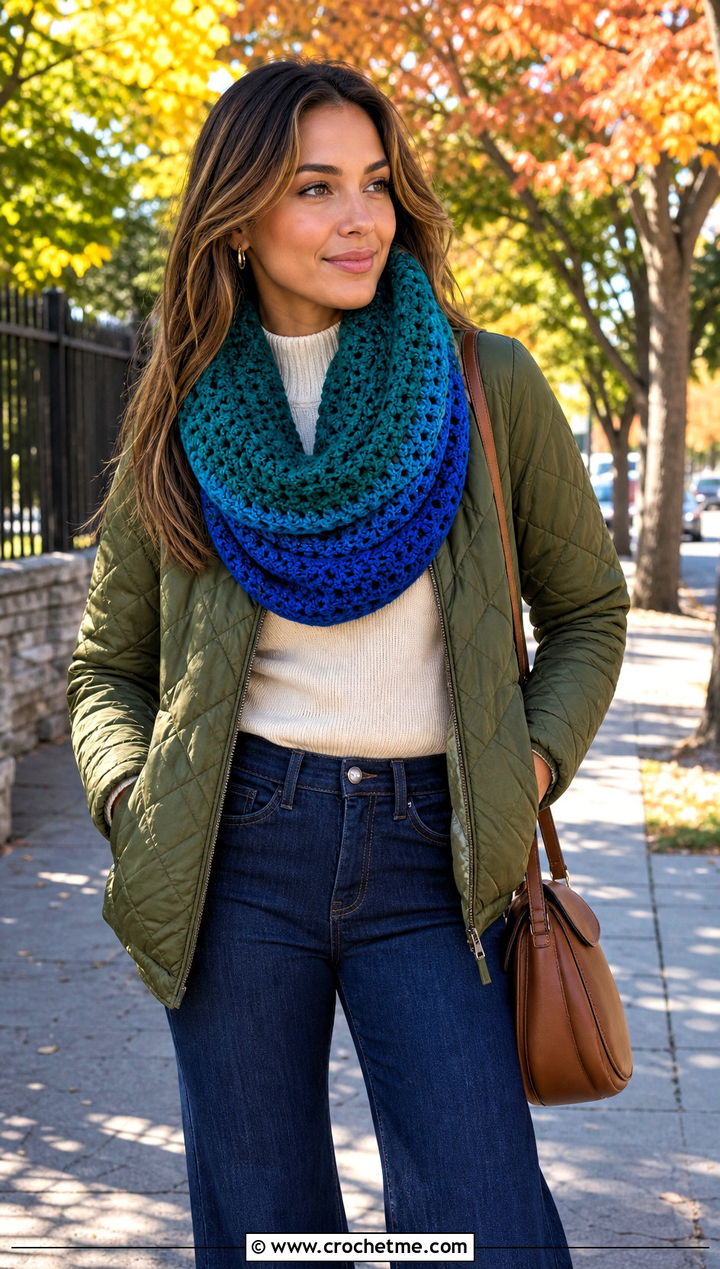 Ombre Crochet Cowl With Quilted Jacket And Flare Jeans - 35 crochet neck warmer cowls outfit ideas