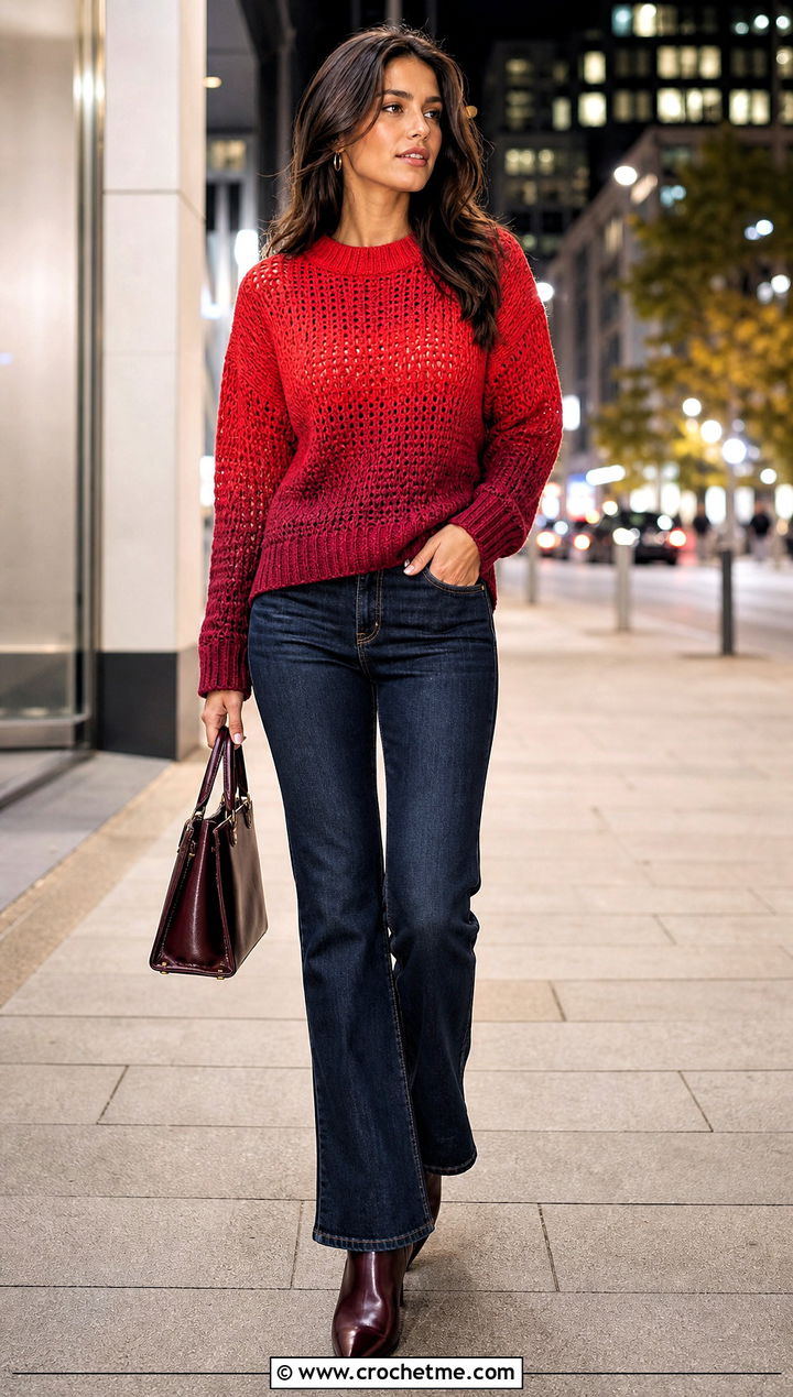 Ombre Crochet Crewneck Sweater With Dark Wash Jeans - 30 crochet crewneck sweater outfit ideas