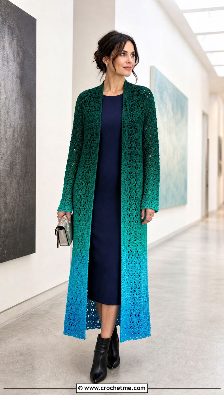 Ombre Crochet Duster With Column Dress - 35 crochet long coat outfit ideas