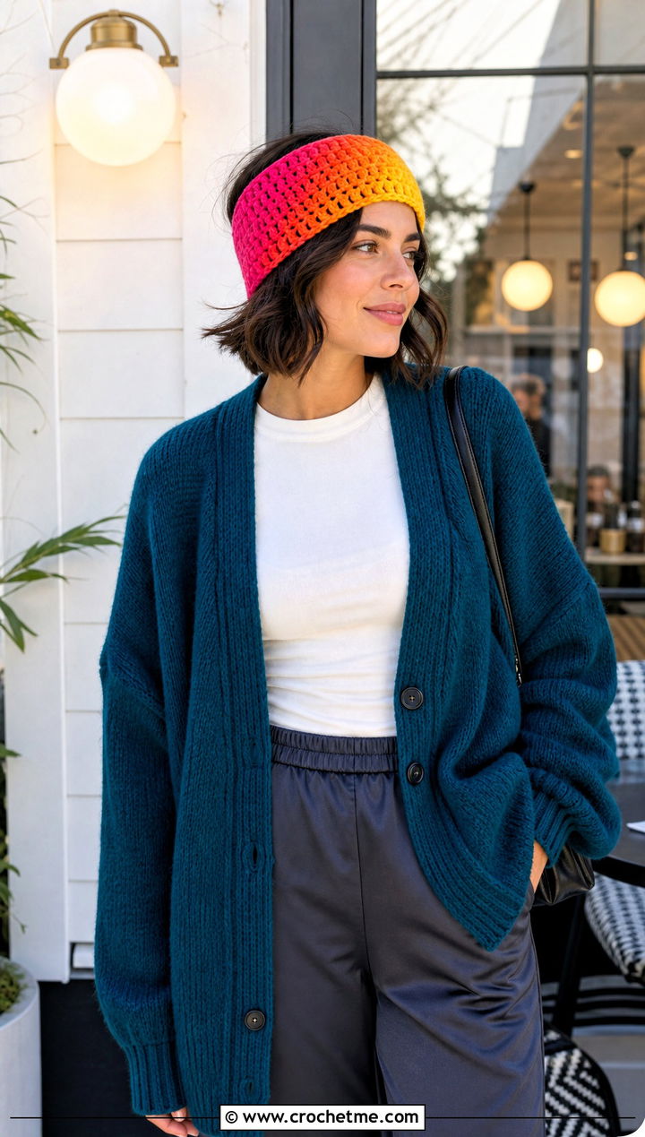 Ombre Crochet Ear Warmer With Oversized Cardigan And Satin Pants - 30 crochet ear warmer headband outfit ideas