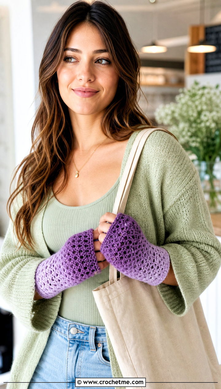 Ombre Crochet Fingerless Gloves With Cardigan Set - 35 crochet gloves fingers outfit ideas