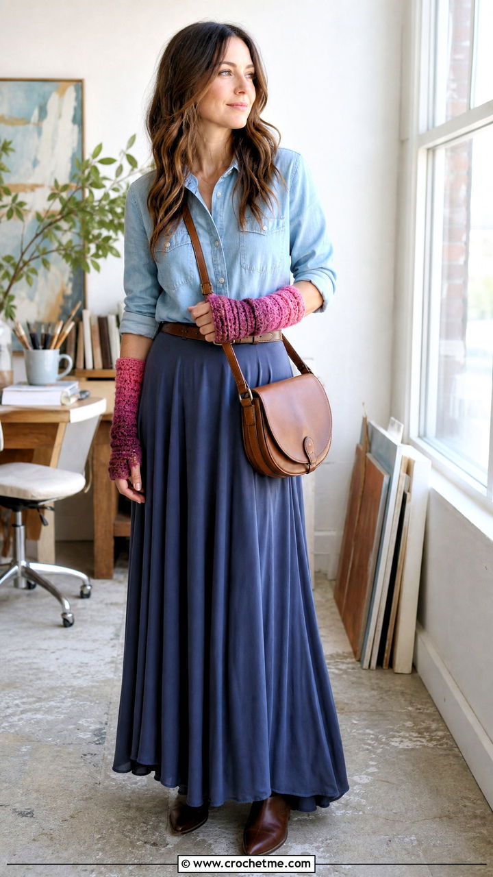 Ombre Crochet Fingerless Gloves With Denim Shirt And Maxi Skirt - 35 crochet fingerless gloves outfit ideas