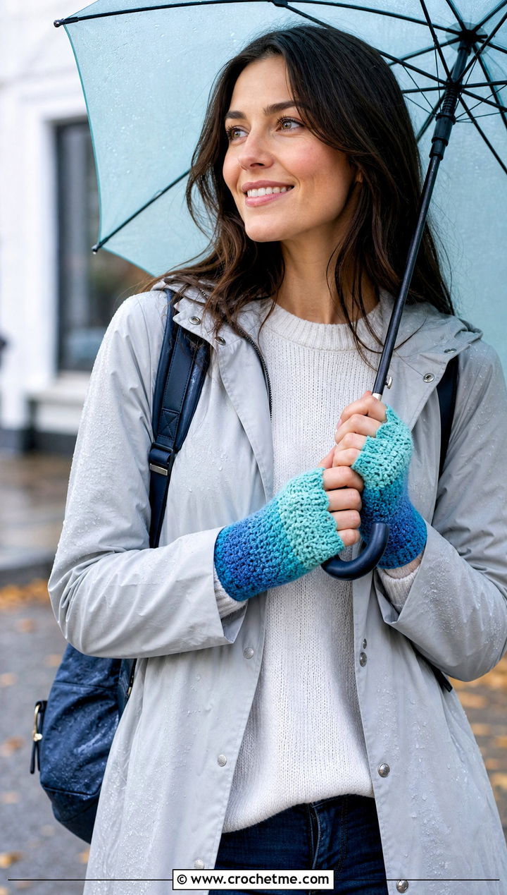 Ombre Crochet Fingerless Gloves With Raincoat And Jeans - 30 crocheted fingerless gloves outfit ideas