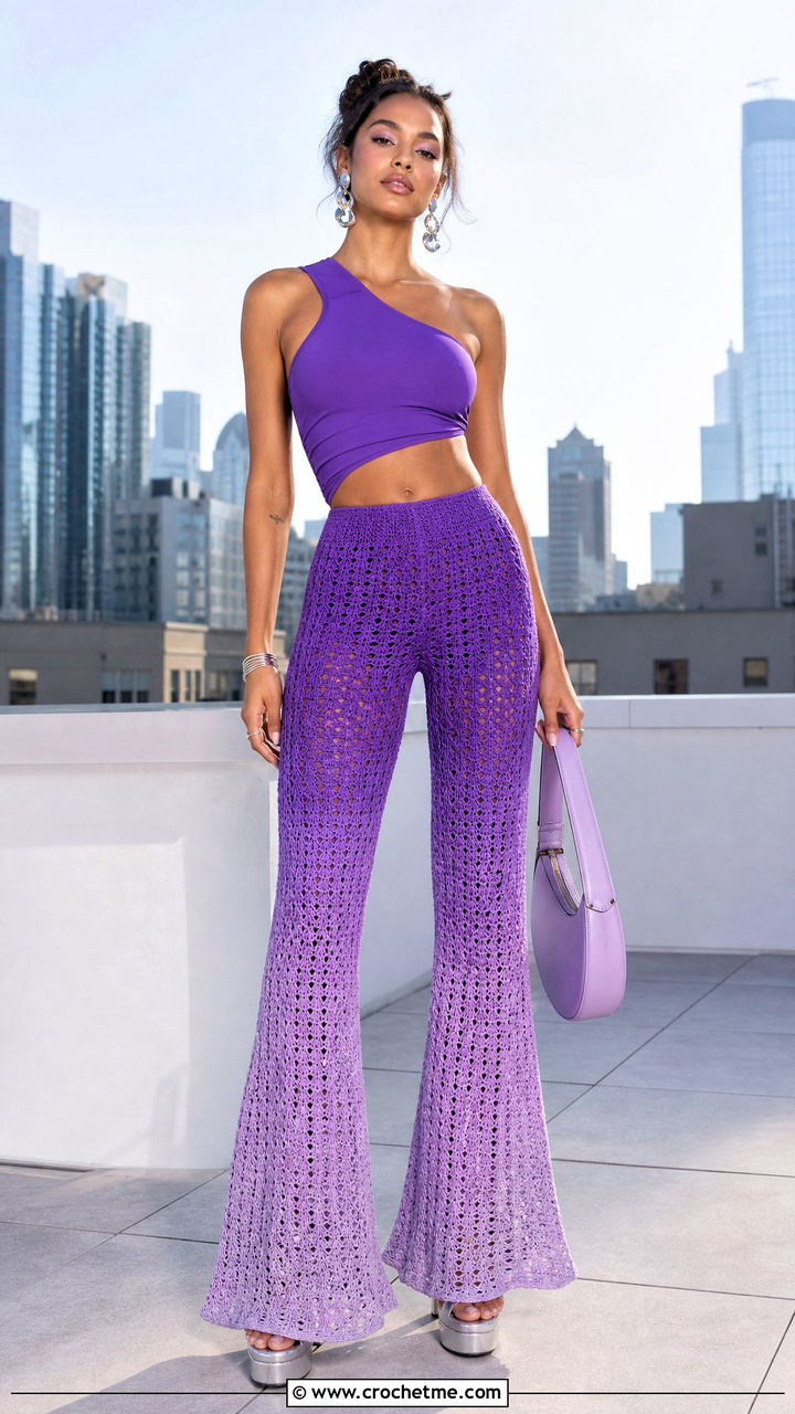 Ombre Crochet Flare Pants With One Shoulder Top - 35 crochet flare pants outfit ideas