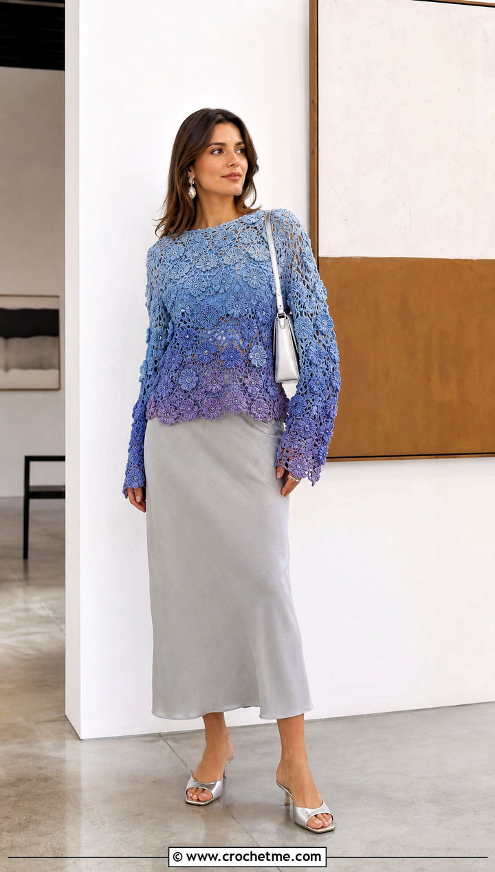 Ombre Crochet Flower Sweater With Bias Cut Skirt - 30 crochet flower sweater outfit ideas