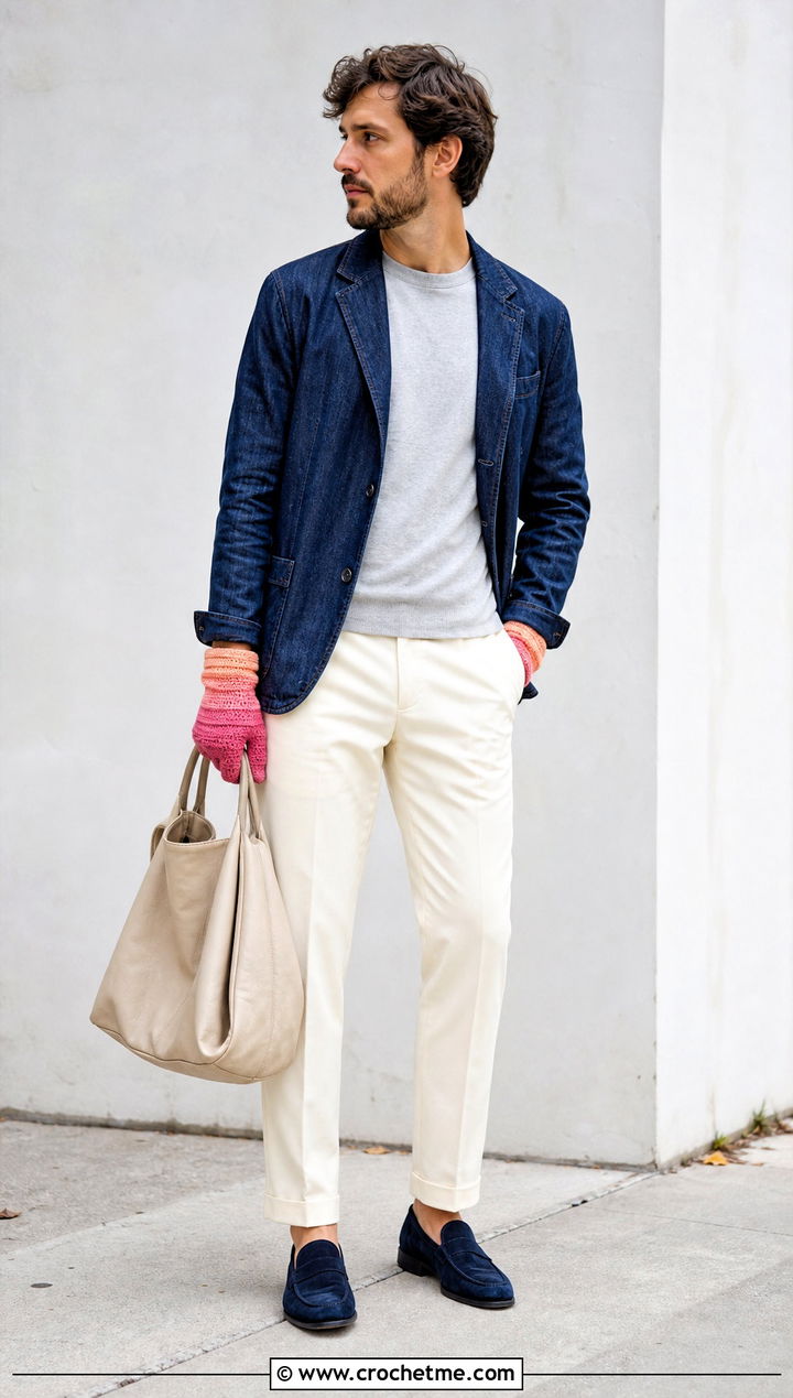 Ombre Crochet Gloves With Denim Blazer - 35 men crochet gloves outfit ideas