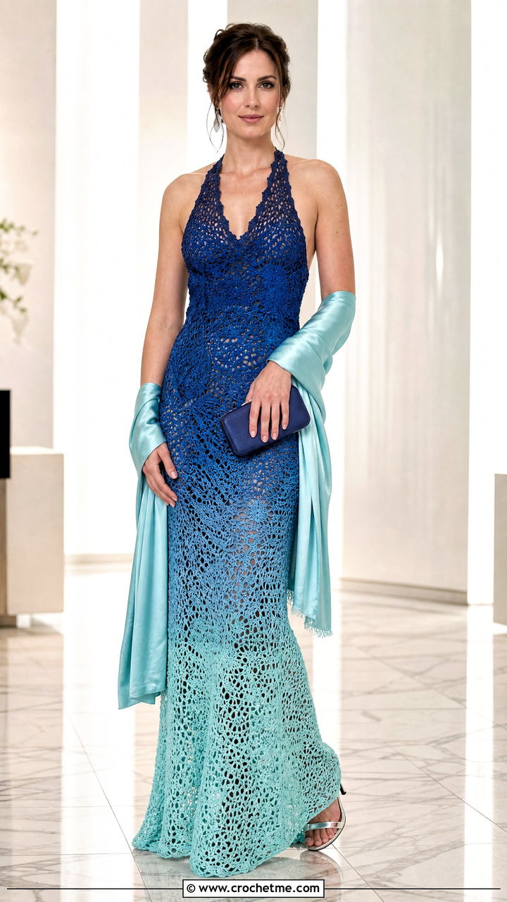 Ombre Crochet Gown With Minimalist Accessories - 35 crochet formal dress outfit ideas