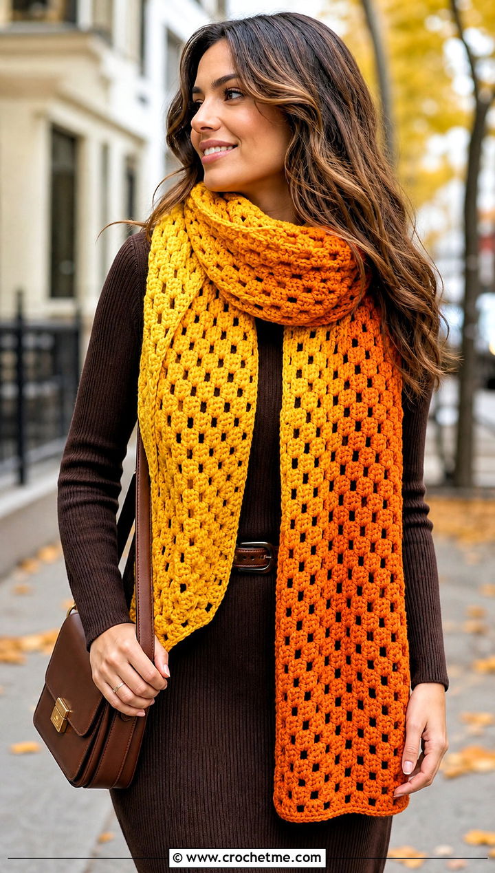 Ombre Crochet Granny Stitch Scarf With Knit Dress - 30 crochet granny stitch scarf outfit ideas