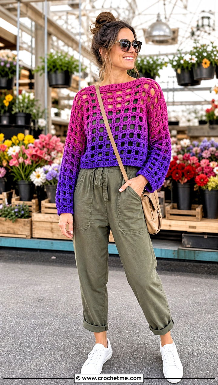 Ombre Crochet Grid Sweater Over A Utility Jumpsuit - 30 crochet grid sweater outfit ideas