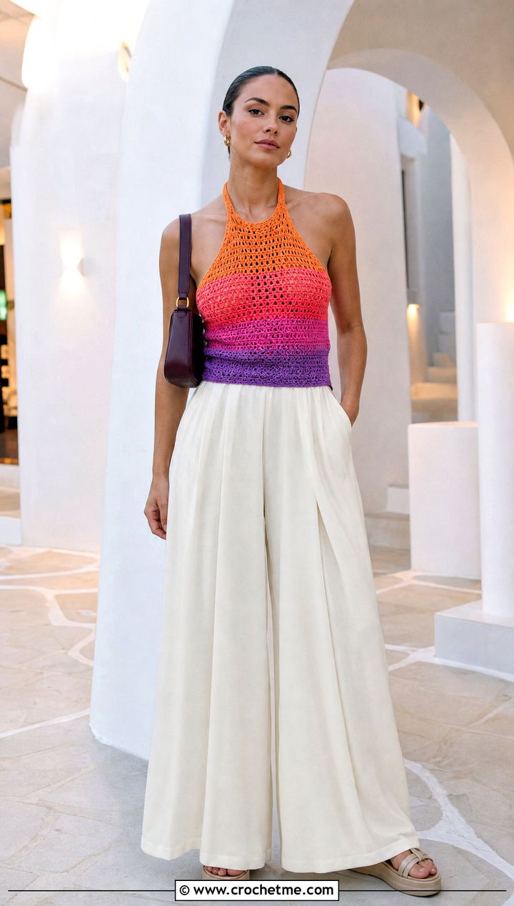 Ombre Crochet Halter Top With Palazzo Pants - 35 crochet halter neck top outfit ideas
