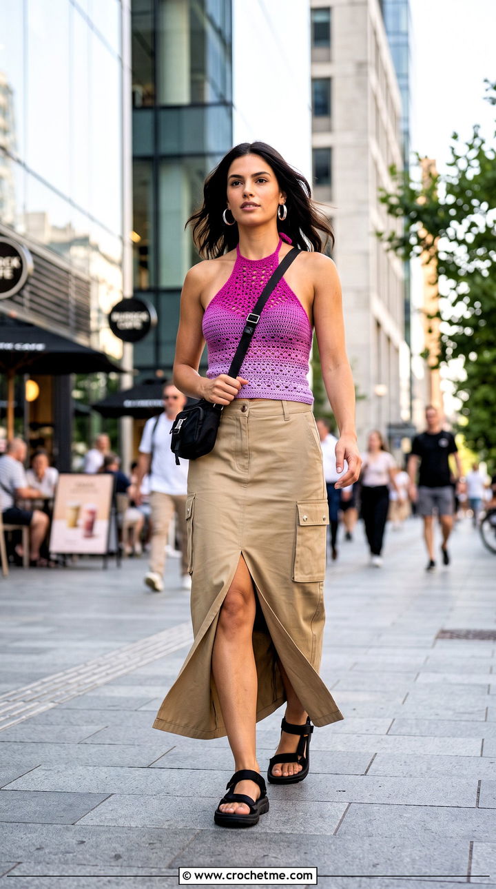 Ombre Crochet Halter With Cargo Maxi Skirt - 35 crochet halter outfit ideas