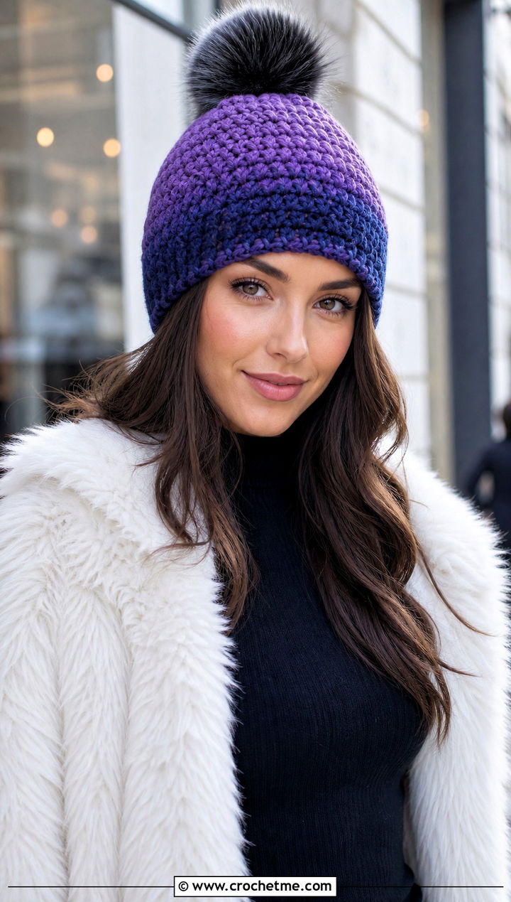 Ombre Crochet Hat With Faux Fur Coat And Flared Jeans - 15 Crochet Hat With Fur Pom Pom outfit ideas