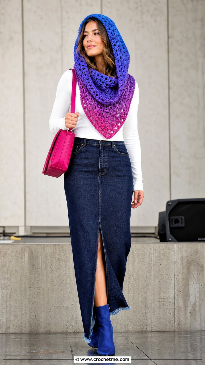 Ombre Crochet Hooded Cowl With Denim Maxi Skirt - 35 crochet hooded cowl outfit ideas