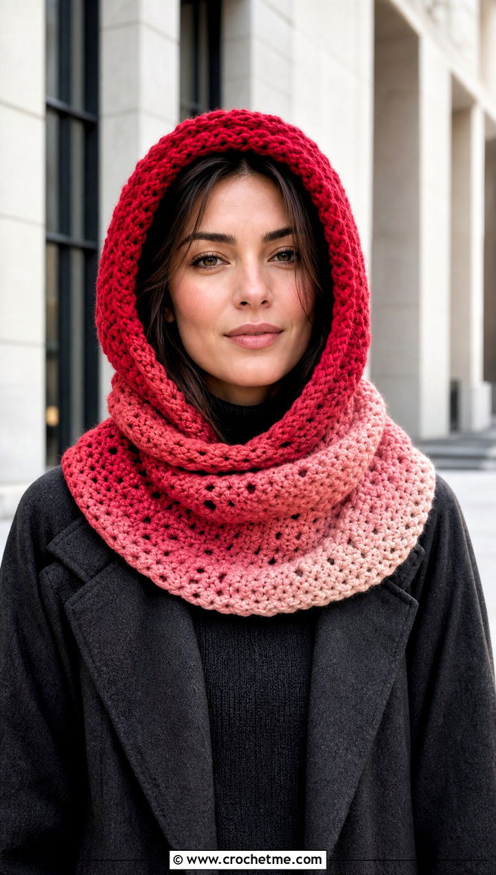 Ombre Crochet Hooded Cowl With Monochrome Outfit - 30 easy crochet hooded cowl outfit ideas