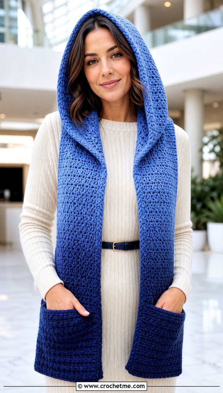 Ombre Crochet Hooded Pocket Scarf With Knit Dress - 25 crochet hooded pocket scarf outfit ideas