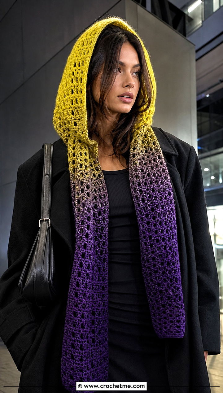 Ombre Crochet Hooded Scarf With All Black Outfit - 30 crochet scarf with hood outfit ideas