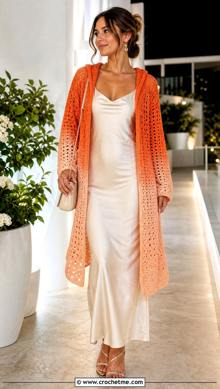 Ombre Crochet Hoodie Cardigan Over A Slip Dress - 30 crochet hoodie cardigan outfit ideas