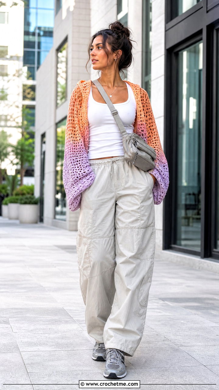 Ombre Crochet Hoodie With Parachute Pants - 35 crochet hoodie outfit ideas