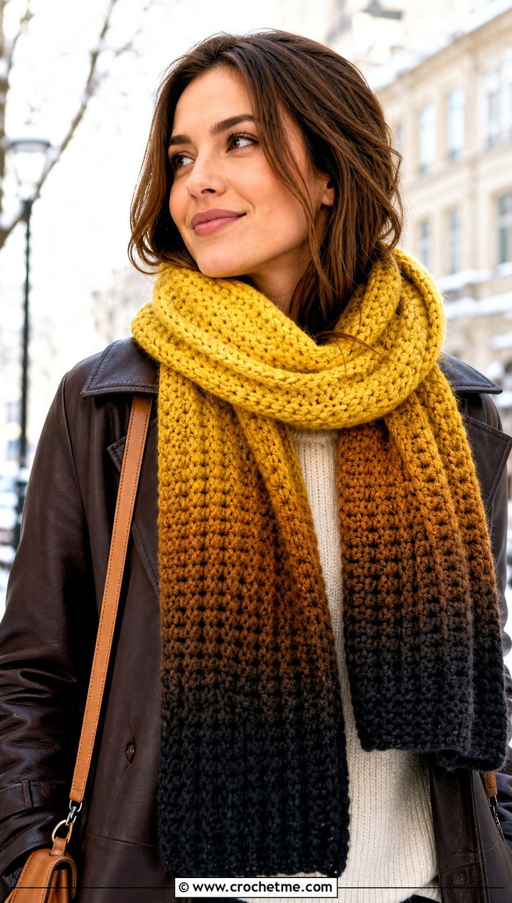 Ombre Crochet Hufflepuff Scarf With Brown Leather Coat - 30 crochet hufflepuff scarf outfit ideas