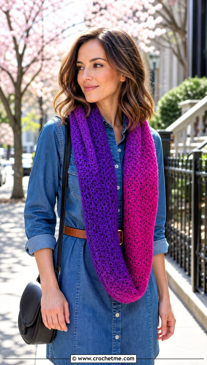 Ombre Crochet Infinity Scarf With Denim Dress - 30 easy crochet infinity scarf outfit ideas